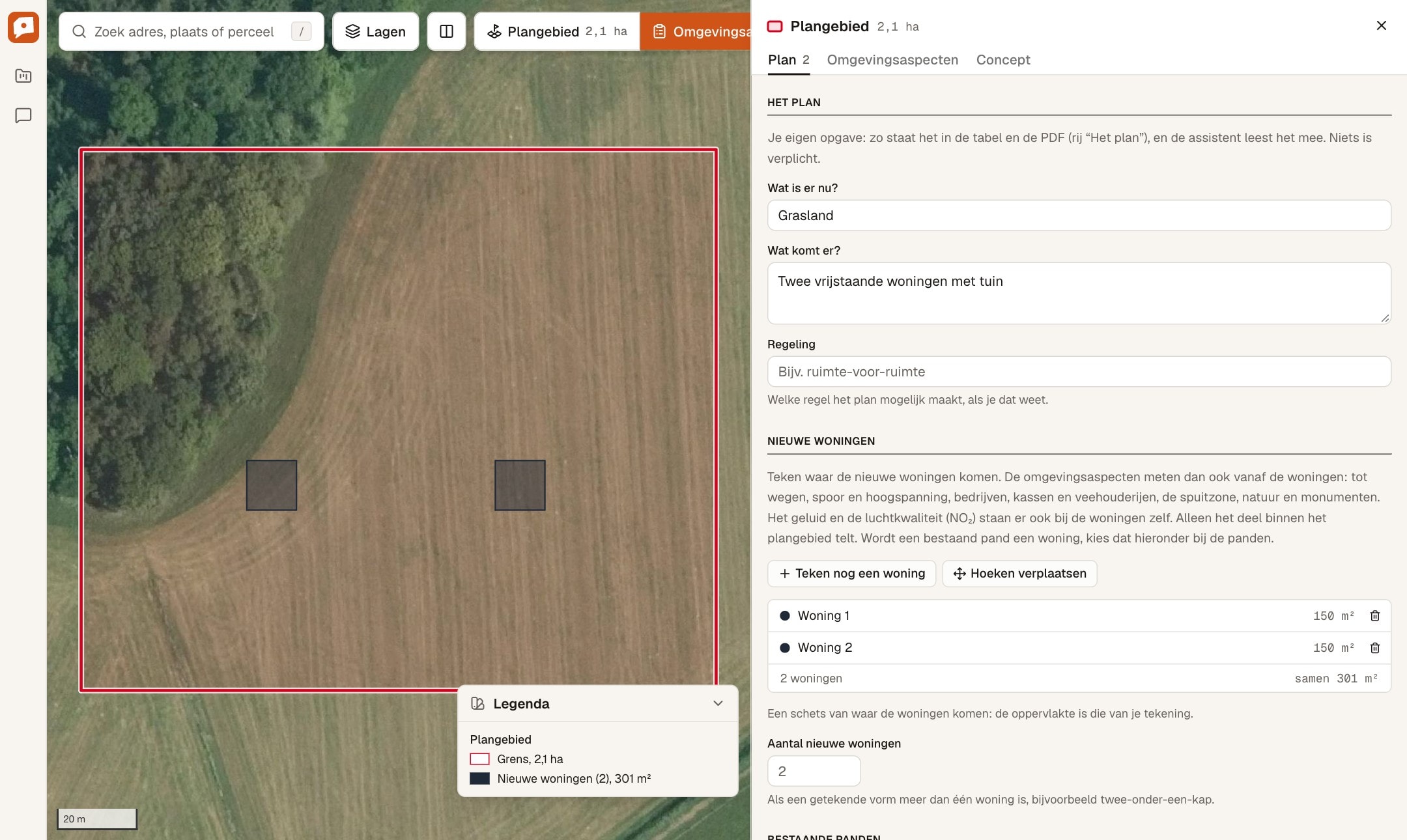 Het tabblad Plan met grasland nu en twee vrijstaande woningen straks, en de twee getekende woningen in het plangebied op de kaart.