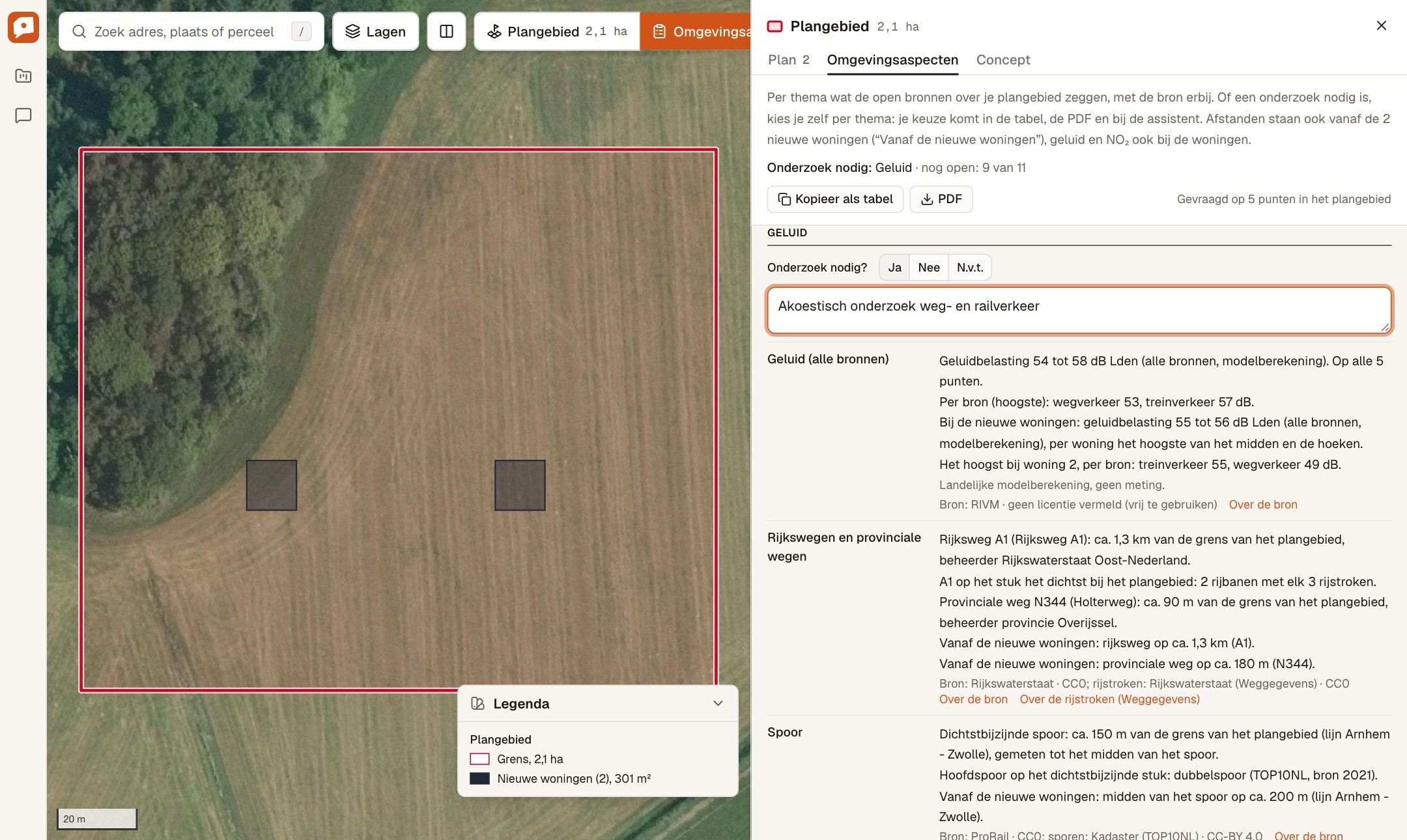 Het thema Geluid met Onderzoek nodig op Ja en de toelichting akoestisch onderzoek weg- en railverkeer, met de geluidbelasting bij de nieuwe woningen eronder.