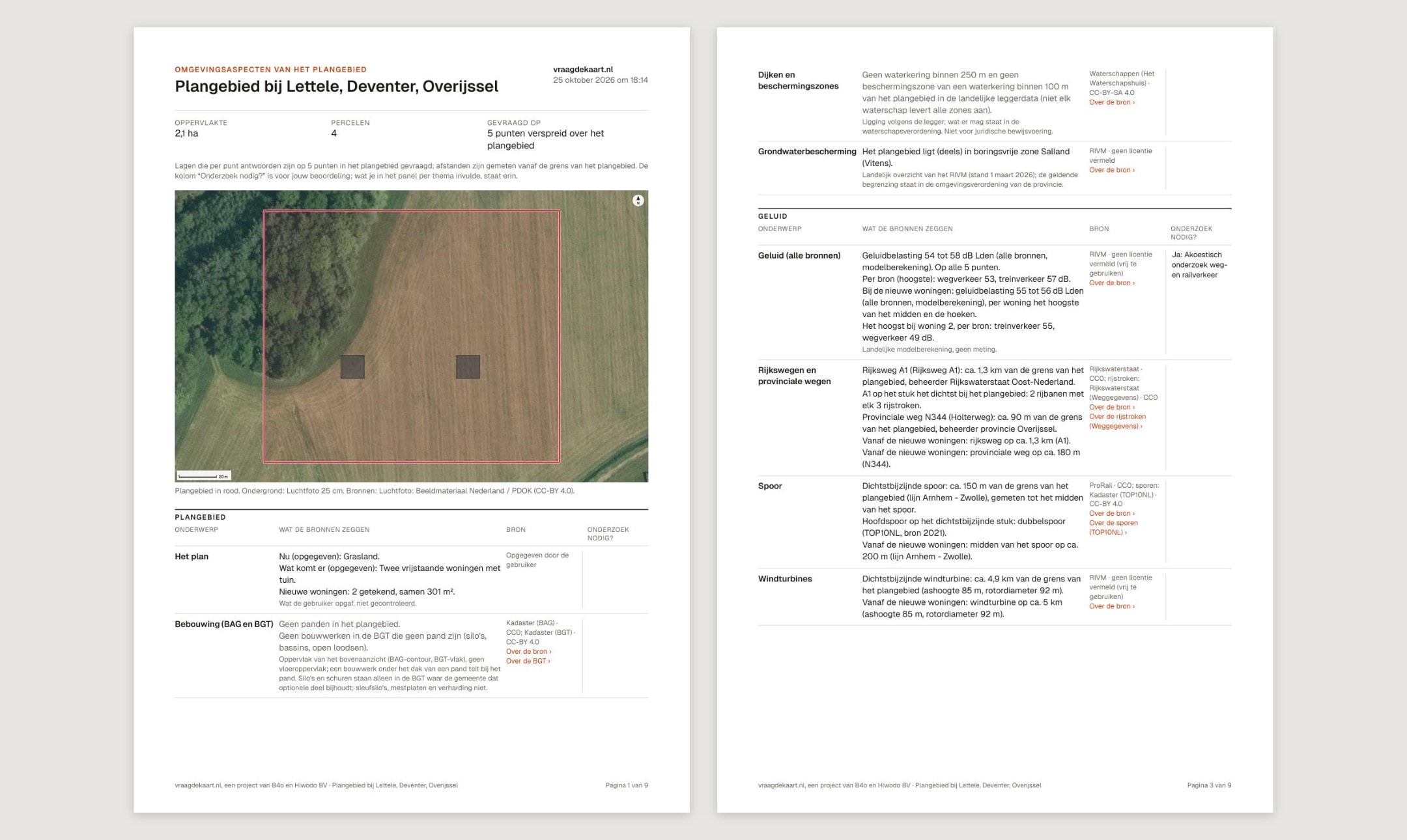 Twee pagina's van de PDF: de eerste met de kaart van het plangebied en de rij Het plan, en een latere met bij Geluid in de kolom Onderzoek nodig: Ja: Akoestisch onderzoek weg- en railverkeer.