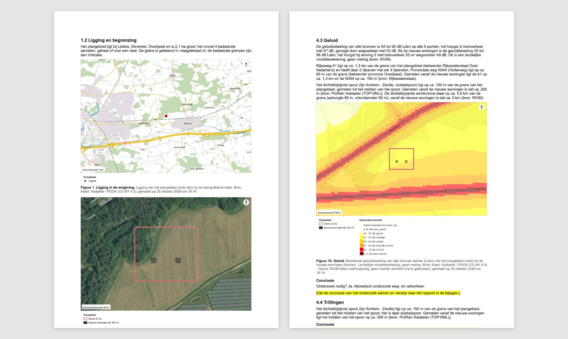 Twee pagina's uit het Word-document: de ligging met de topografische kaart en de luchtfoto, en het thema Geluid met de geluidskaart, de conclusie Onderzoek nodig: Ja, en een geel gemarkeerde opdracht om de conclusie van het onderzoek samen te vatten.