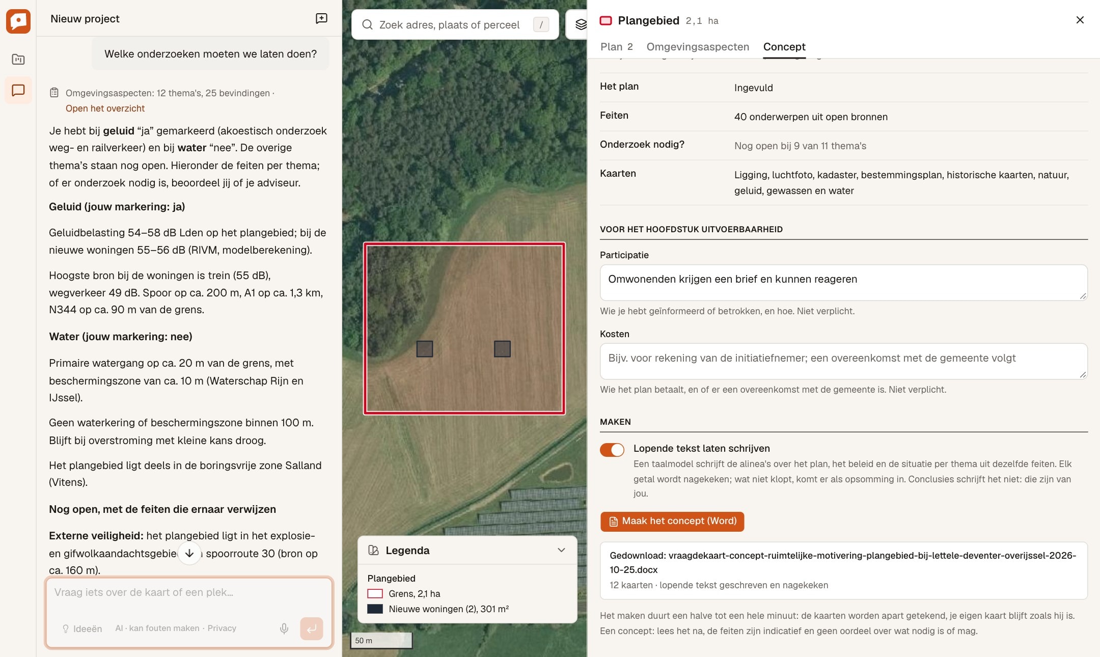 In de chat het antwoord op de vraag welke onderzoeken nodig zijn: je keuzes bij Geluid en Water, en per thema de feiten; in het midden het plangebied met de twee woningen, rechts het paneel.