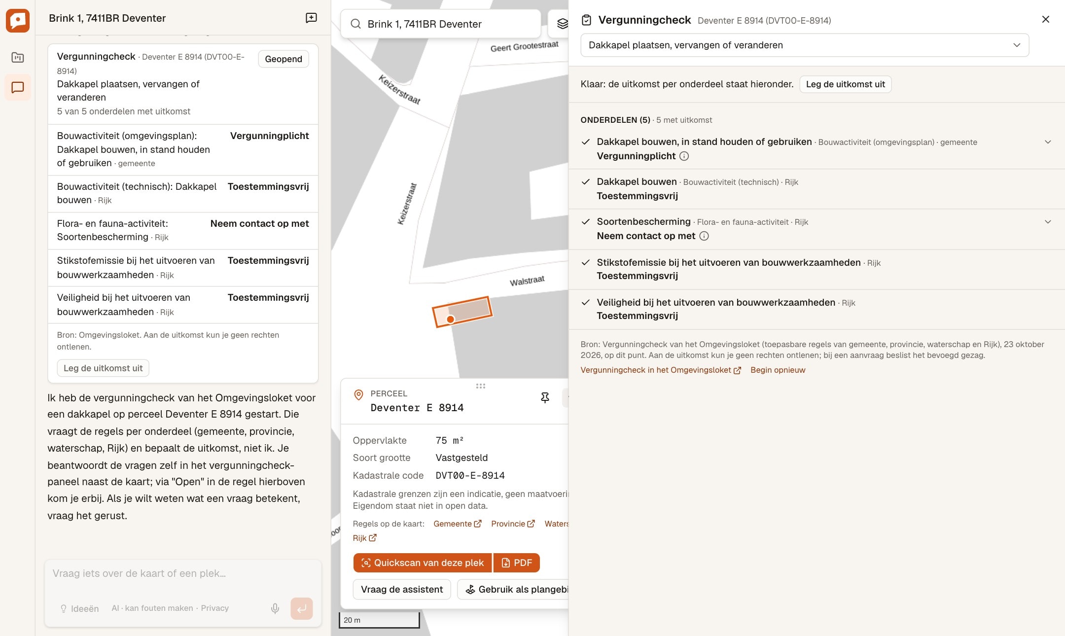 De uitkomst per onderdeel, in het paneel en in de chat: vergunningplicht bij de gemeente, toestemmingsvrij bij het Rijk.